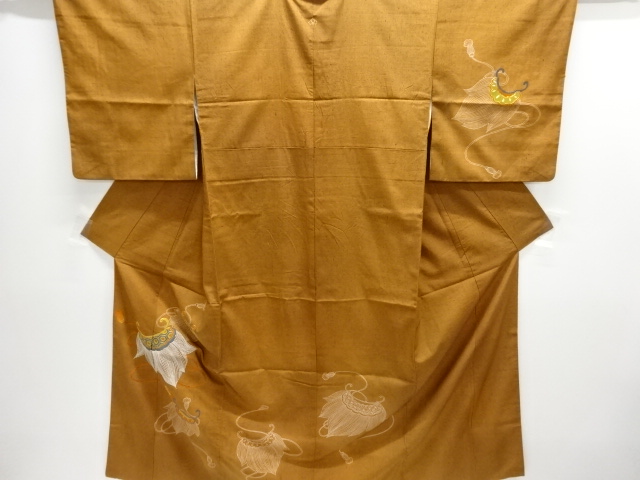 蓑模様刺繍一つ紋手織り紬訪問着